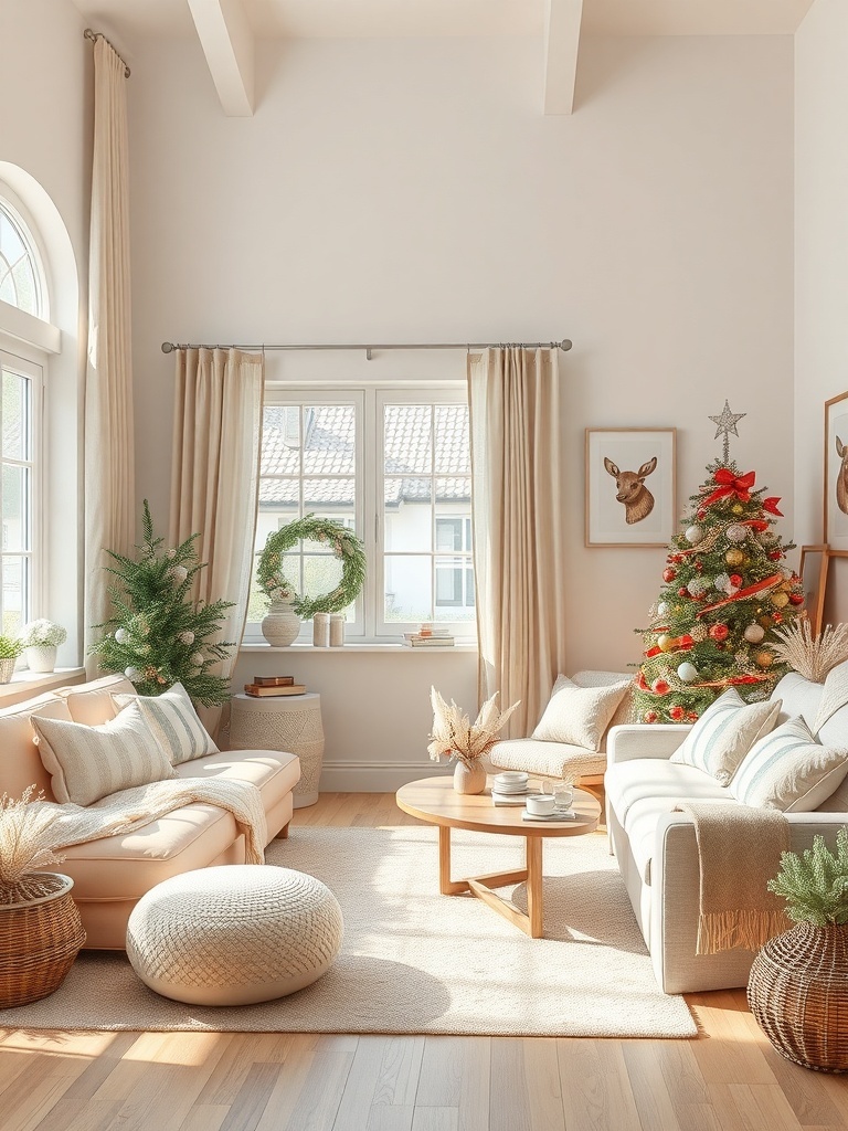 A bright living room decorated with pastel colors, featuring a light sofa, soft cushions, and greenery.
