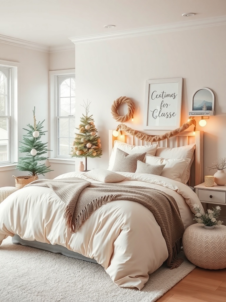 A cozy bedroom featuring pastel neutral colors with a soft bedspread, decorative pillows, and small Christmas trees.