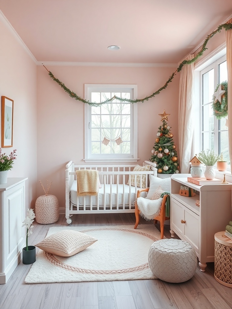 A cozy nursery featuring pastel pink walls, a crib, and mint green accents.