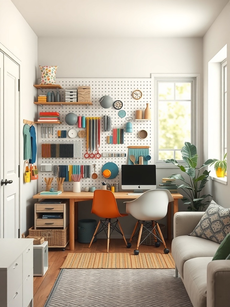 A well-organized pegboard displaying various craft supplies like scissors, ribbons, and containers.