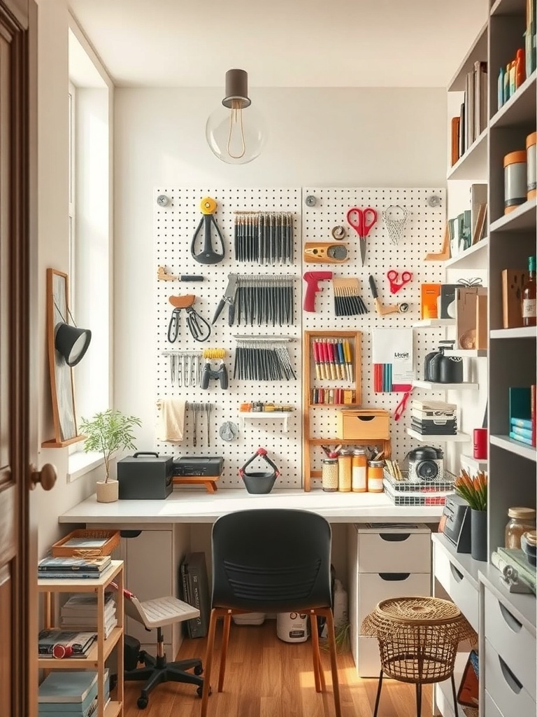 A well-organized workspace featuring a pegboard with various crafting supplies.