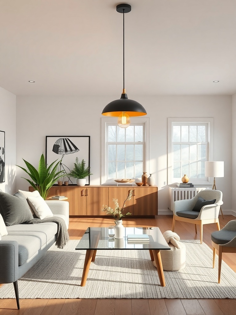 A cozy living room featuring a pendant light over a coffee table, with modern furniture and natural light.