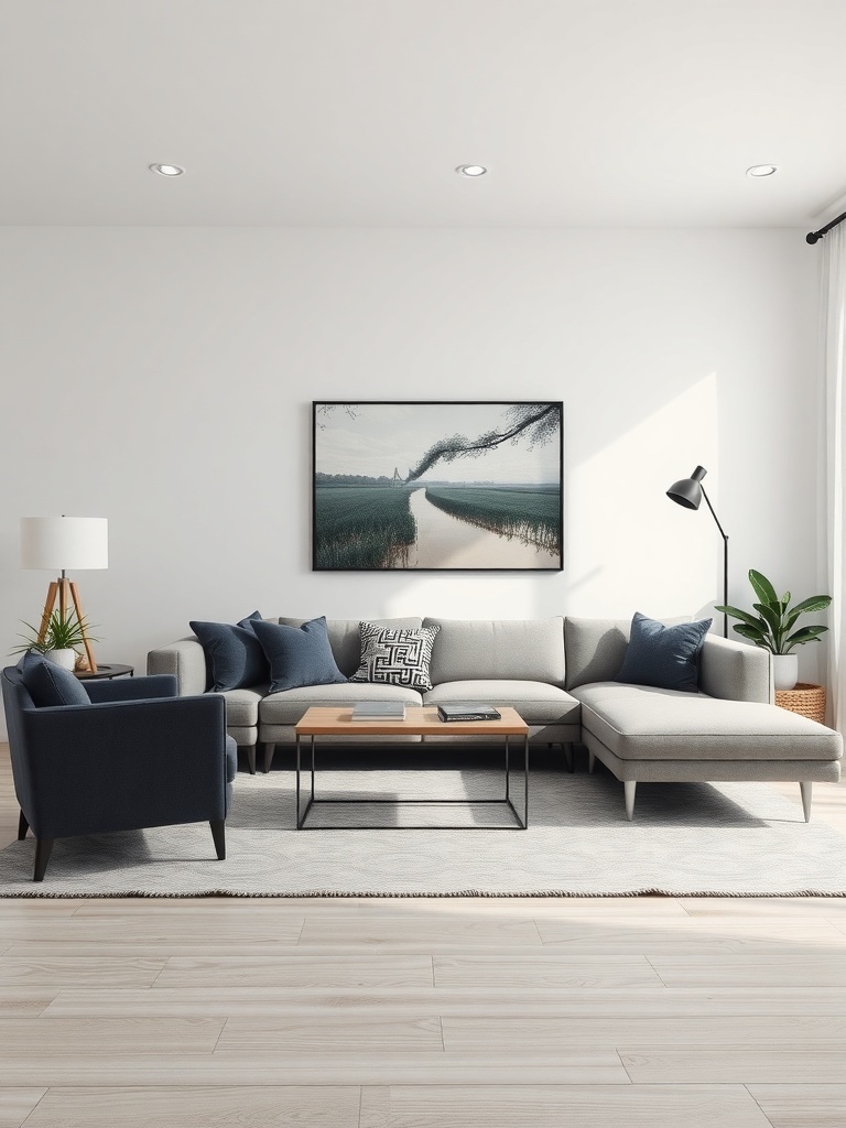 A minimalist living room featuring a sectional sofa, dark blue armchairs, a coffee table, and artwork on the wall.