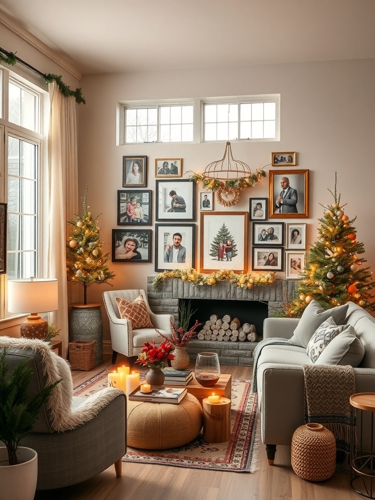 Cozy living room with family photos on the wall, decorated for winter.