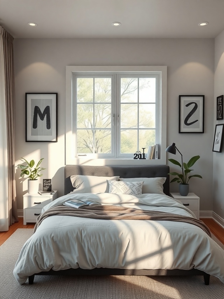 A cozy bedroom featuring personalized artwork on the walls, a comfortable bed, and a plant by the window.