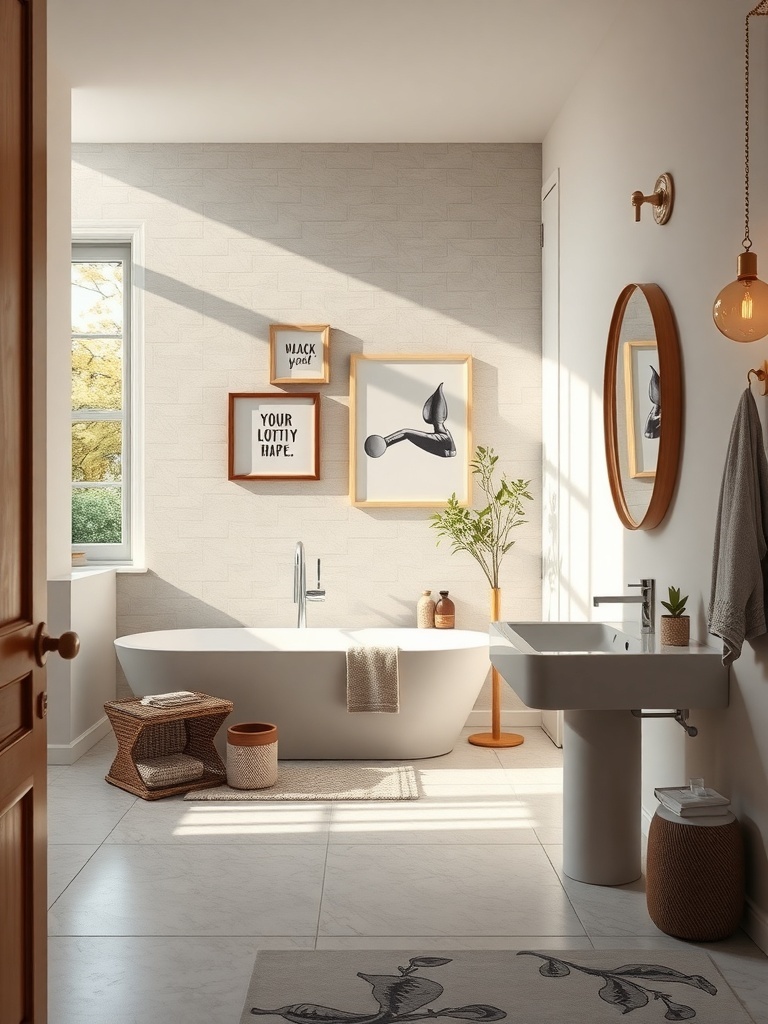 A modern bathroom featuring a freestanding tub, framed art on the wall, a plant, and natural light.
