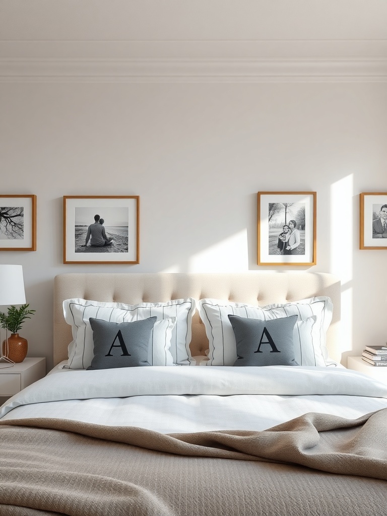 A modern bedroom featuring a cozy bed with personalized pillows and framed photos on the wall.