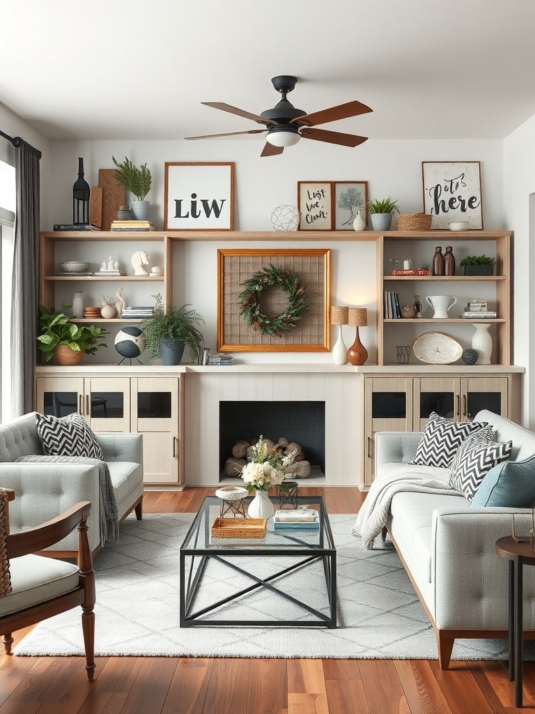 A stylish farmhouse living room with personalized decor touches.