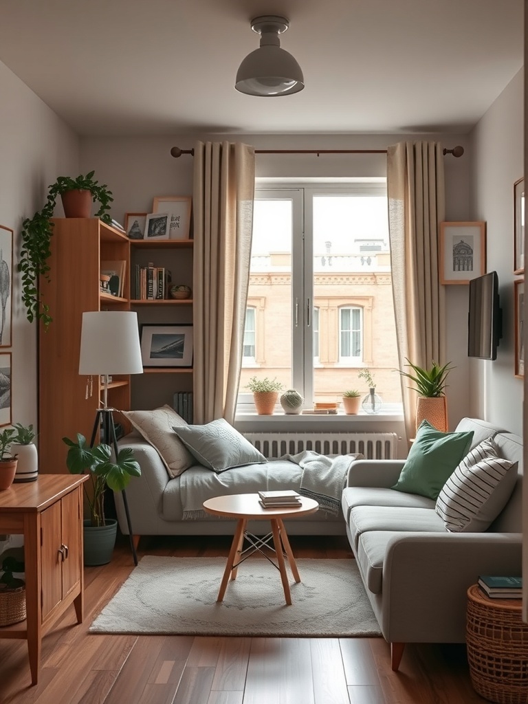 Cozy studio apartment with plants, artwork, and soft furnishings.