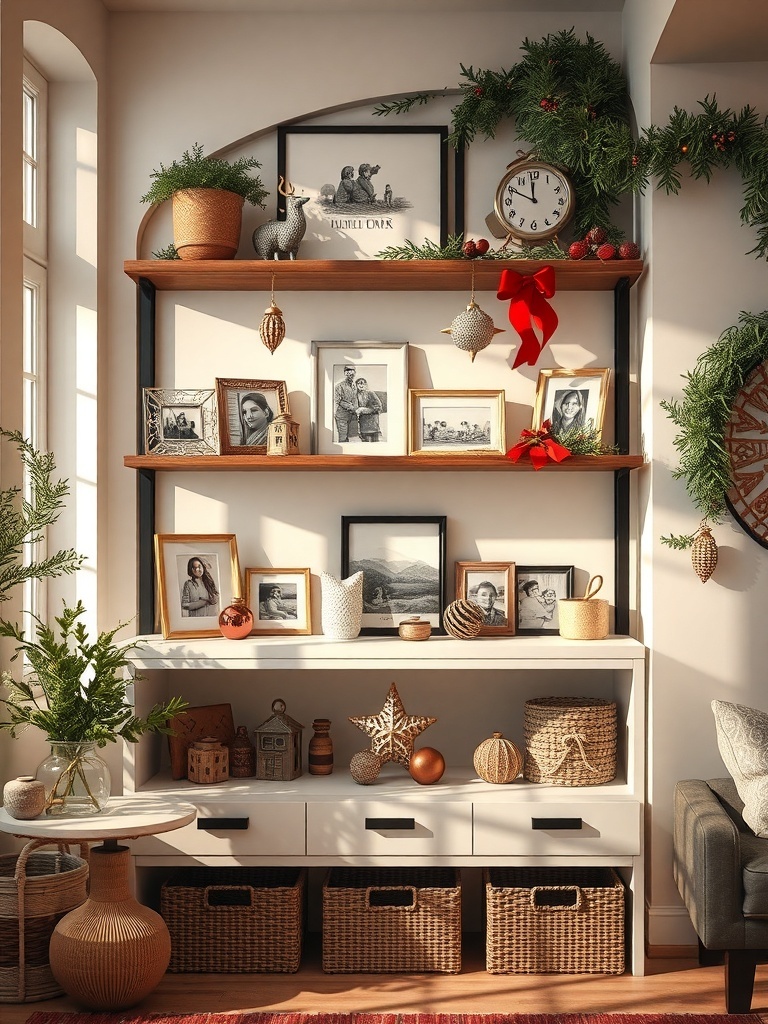 Cozy winter apartment decor with personalized touches like family photos and festive ornaments.