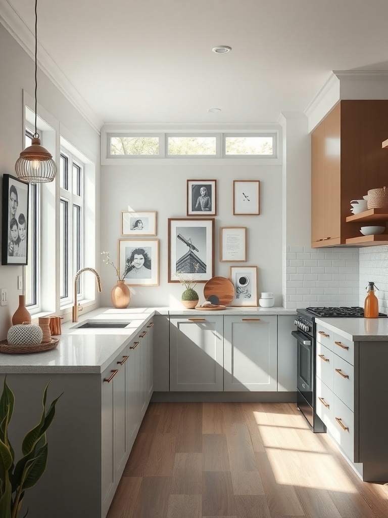 A modern kitchen featuring light gray cabinets, warm wood accents, framed artwork, and a potted plant.