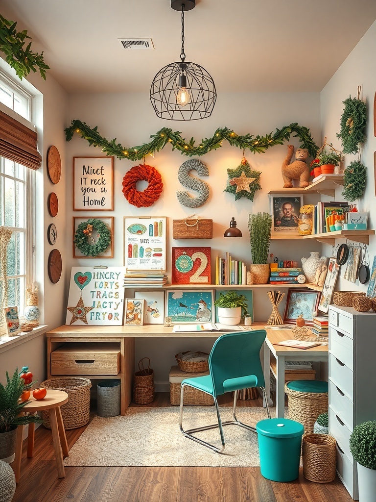 A cozy home office space with personalized DIY art projects on the walls and a stylish desk.