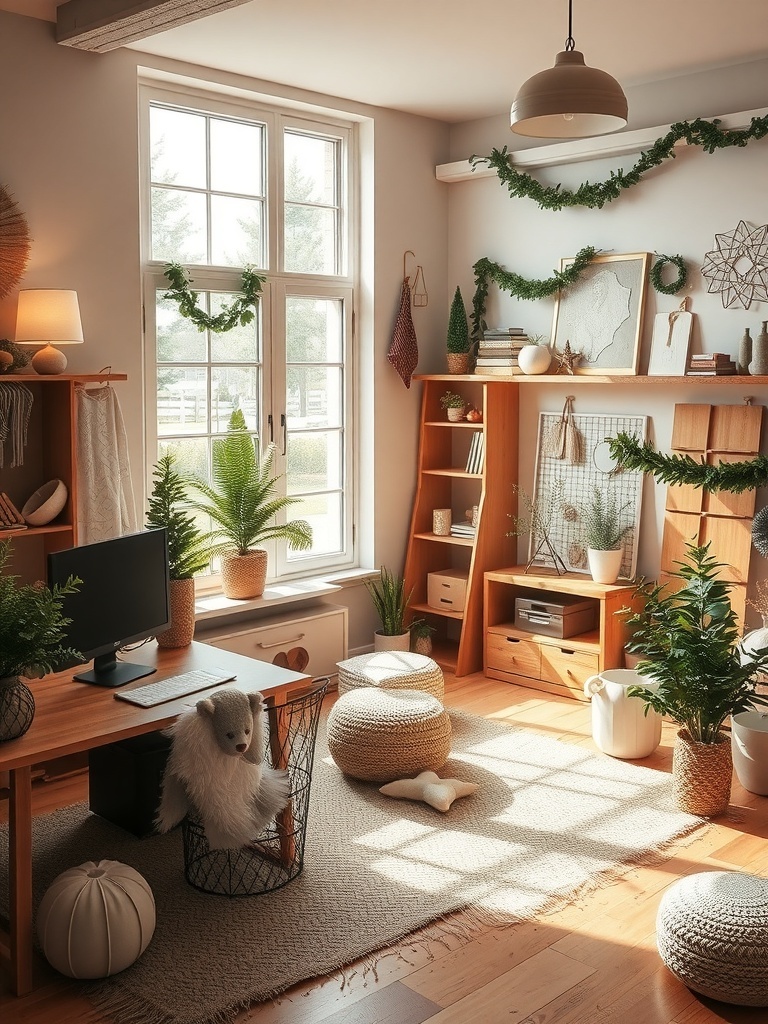 A cozy and stylish room featuring personalized DIY decor, plants, and warm lighting.