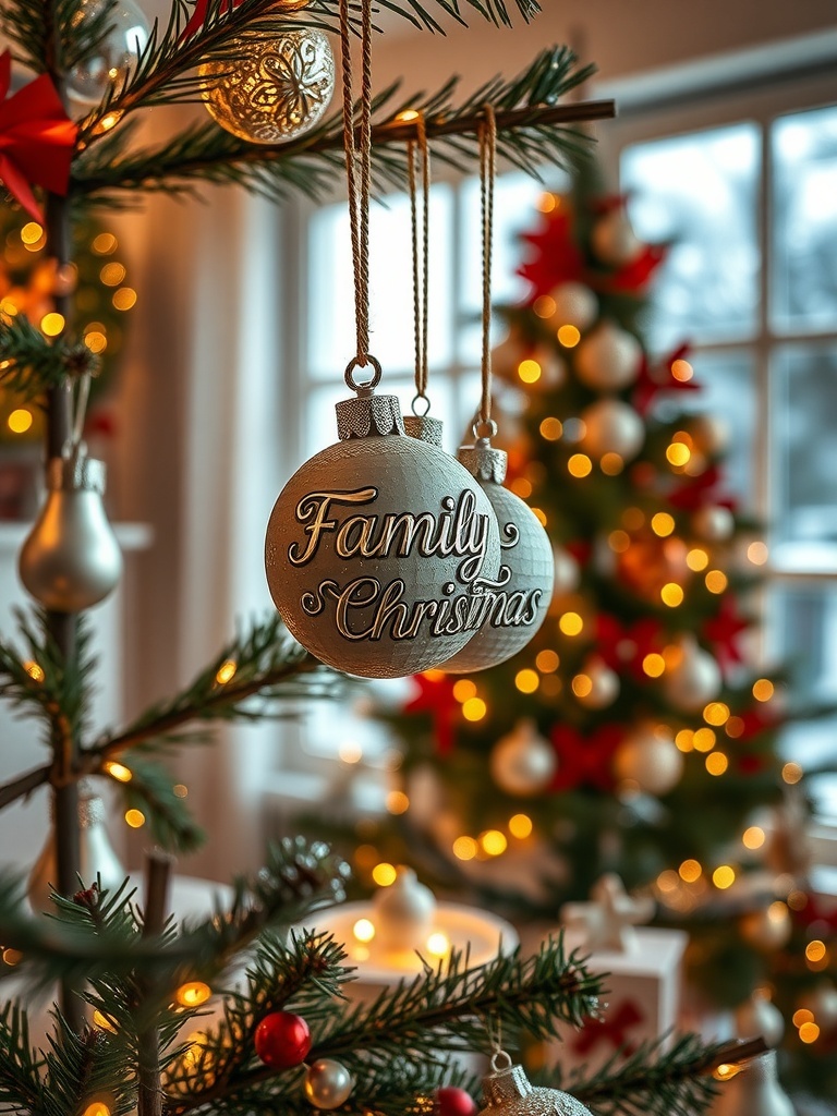 A close-up of a personalized family ornament hanging on a Christmas tree.