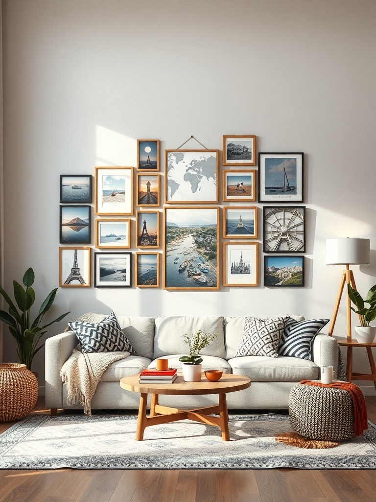 A cozy living room featuring a gallery wall with travel photos and a stylish sofa.