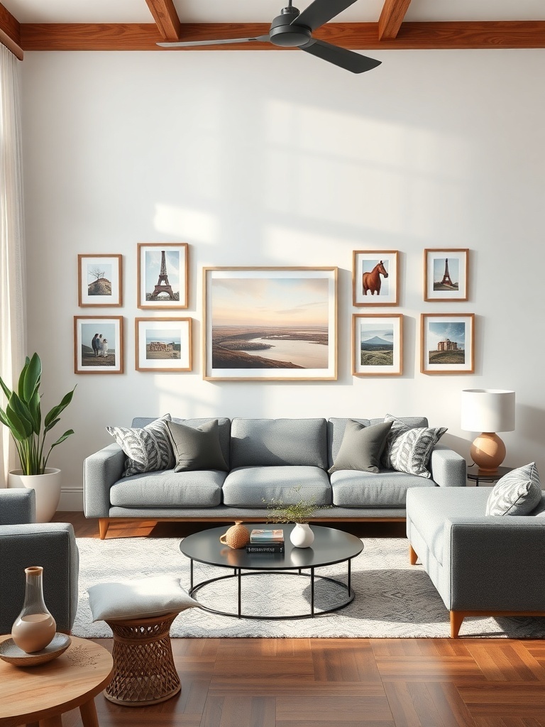 A stylish living room with a personalized gallery wall featuring framed art and photographs.