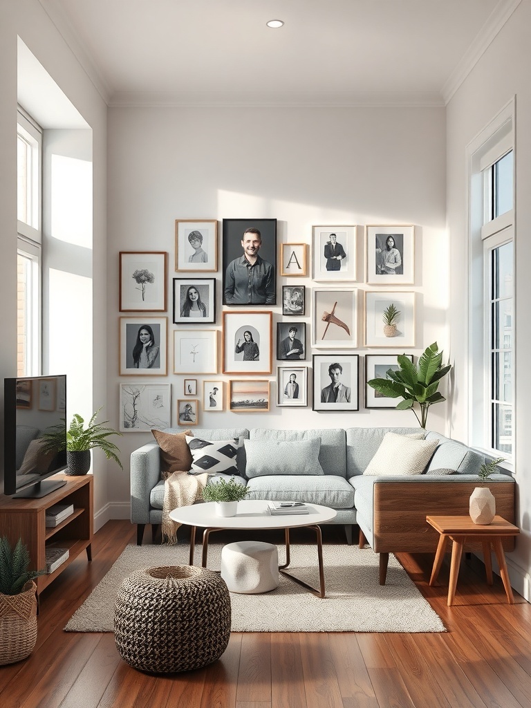 A cozy living room with a personalized gallery wall featuring various framed artworks.
