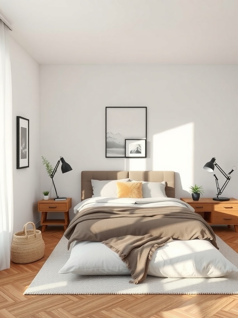 A minimalist bedroom with a cozy bed, warm blankets, framed artwork, stylish lamps, and a woven basket.
