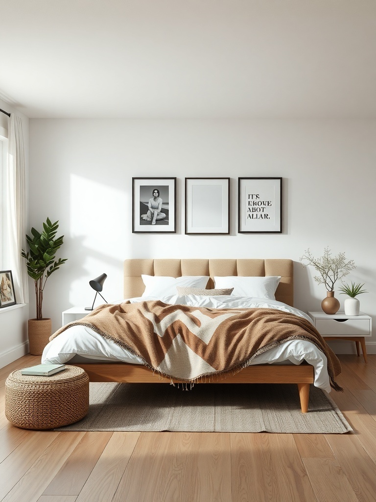 A minimalist bedroom featuring a cozy bed with a patterned blanket, framed artwork on the wall, and natural decor elements.