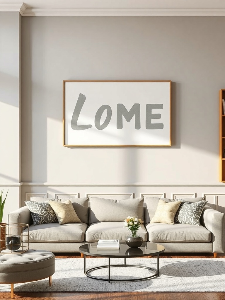 A cozy living room featuring personalized name art above a sofa.
