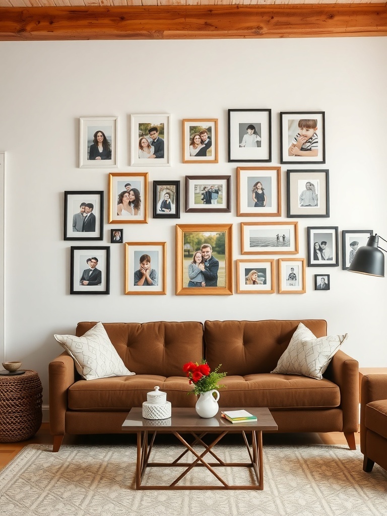 A cozy living room with a brown sofa and a gallery wall of framed photos.