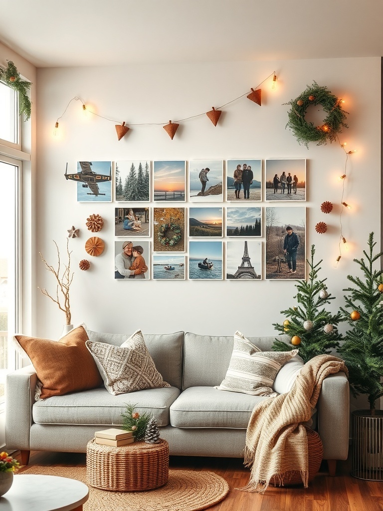 A cozy living room with a personalized photo display on the wall, featuring various framed photos and decorative elements.