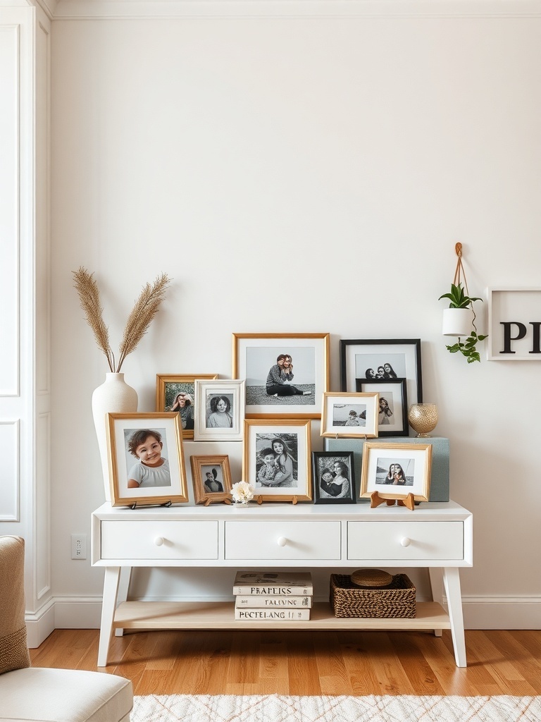 A stylish arrangement of family photos in various frames on a white console table, with a decorative vase and plant.