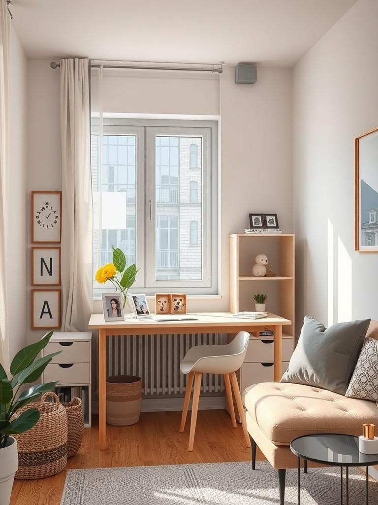 A cozy workspace with a desk, plant, and personal decor.