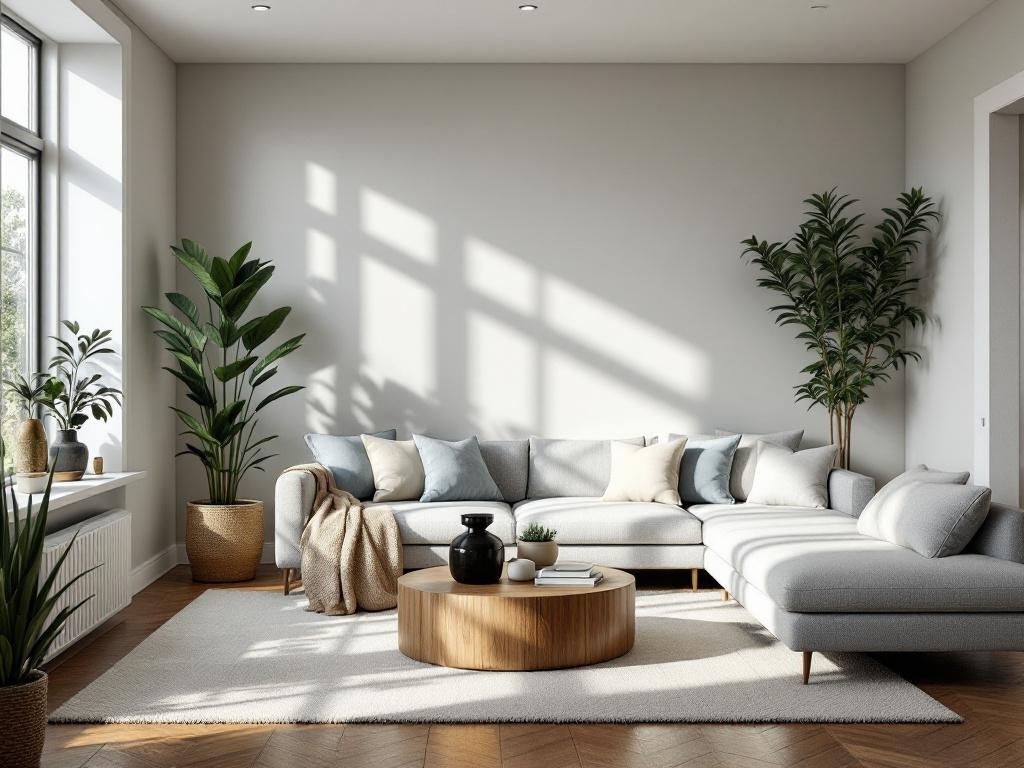 A modern living room with a gray sofa, wooden coffee table, and indoor plants, showcasing a cozy and inviting atmosphere.