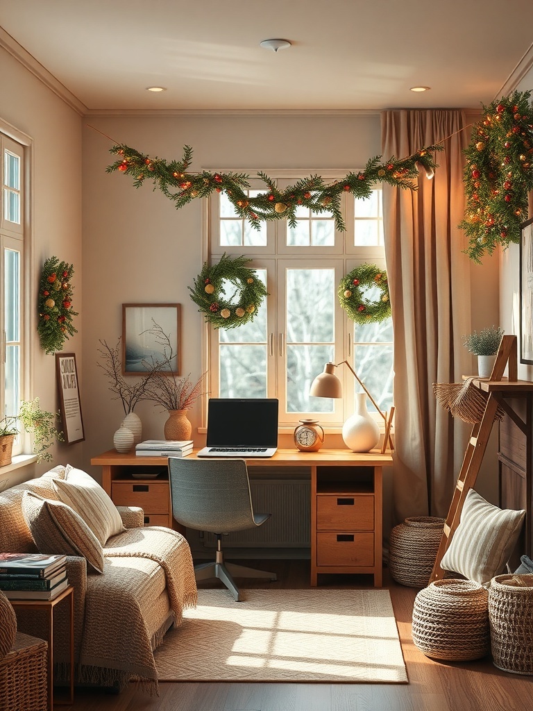 A cozy home office with natural decor, featuring plants, warm lighting, and personalized touches.