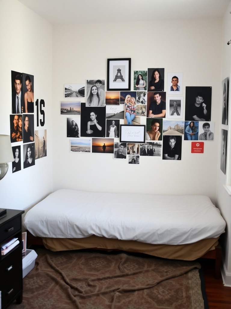 A small bedroom wall displaying a collage of framed photos and art.