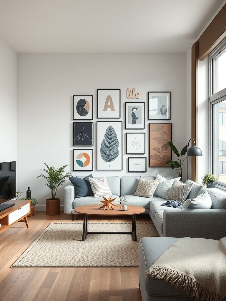 A cozy living room with a personalized wall art display featuring various framed artworks.