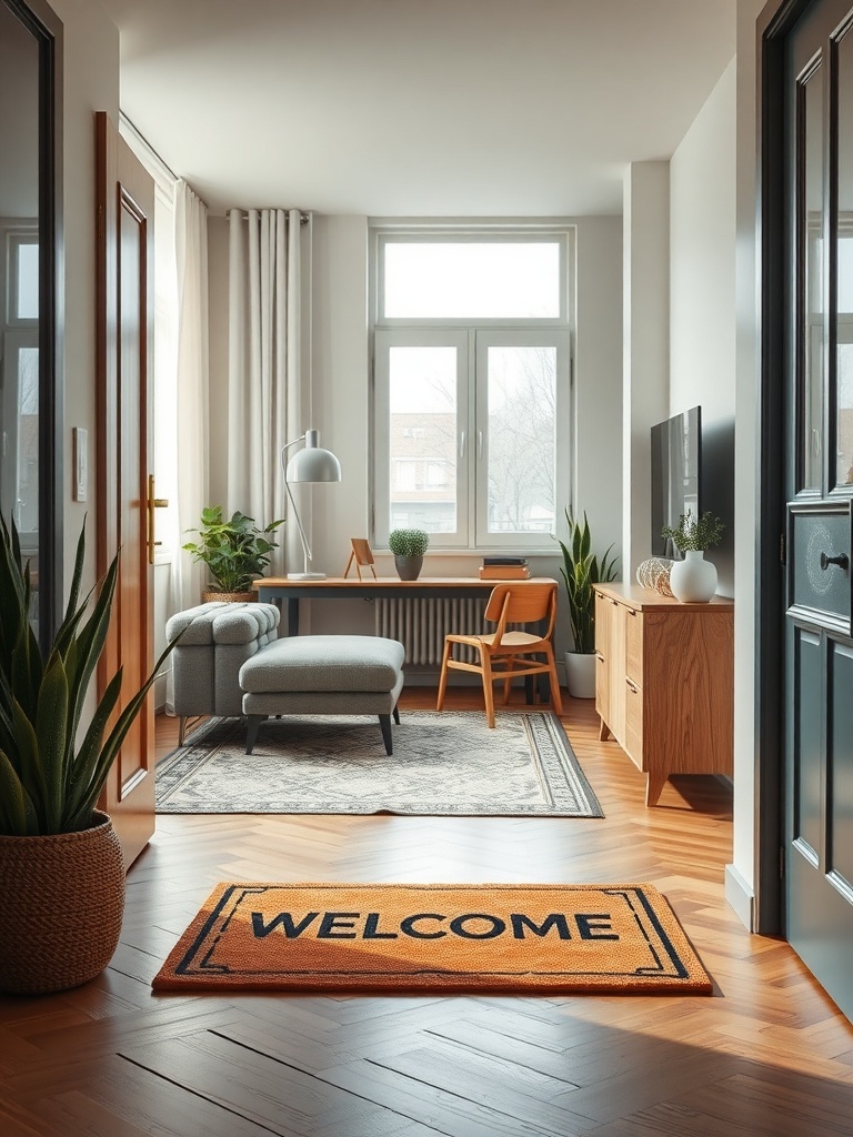 A cozy apartment entryway featuring a personalized welcome mat.