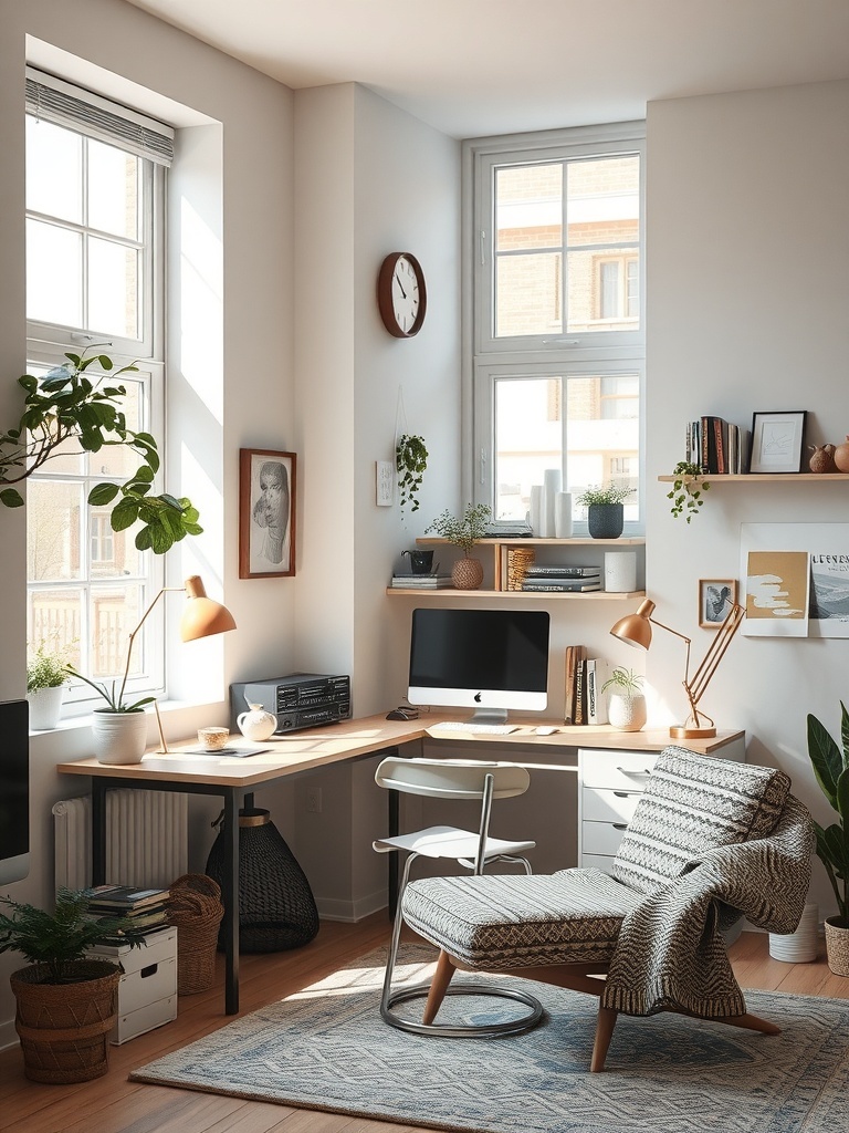 A bright and inviting studio apartment workspace with a desk, chair, and decorative plants.