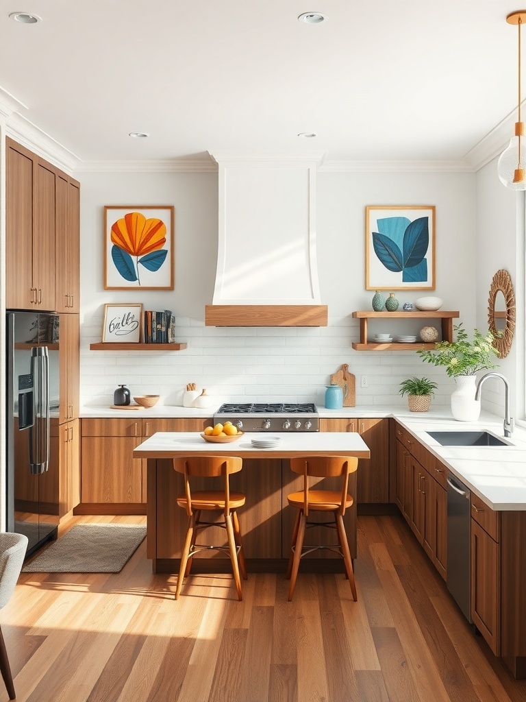 A modern kitchen featuring wooden cabinets, colorful artwork on the walls, and a bright, inviting atmosphere.