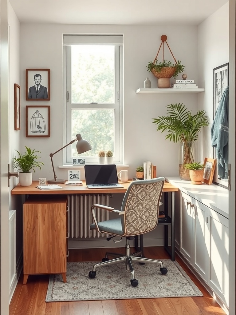 A compact home office with a wooden desk, a comfortable chair, and decorative plants.
