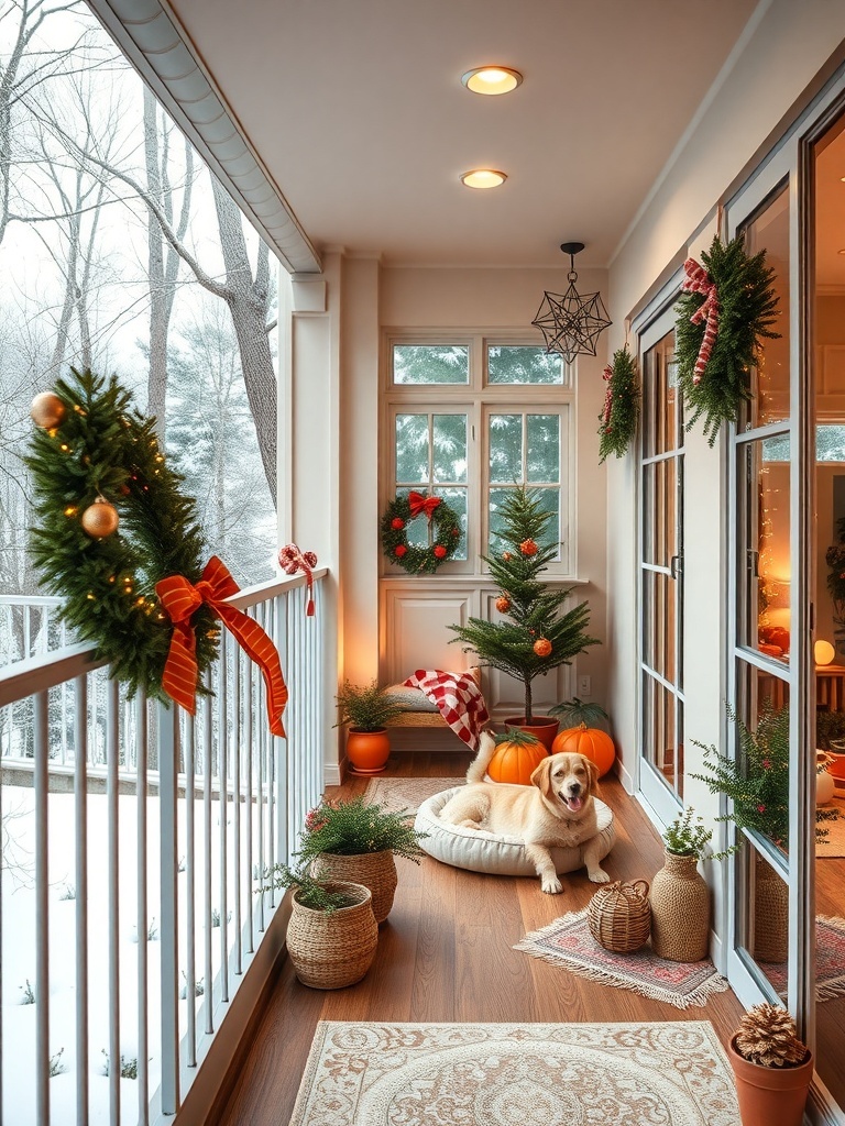 A cozy balcony decorated for winter with a dog resting on a pet bed, surrounded by plants and festive decor.