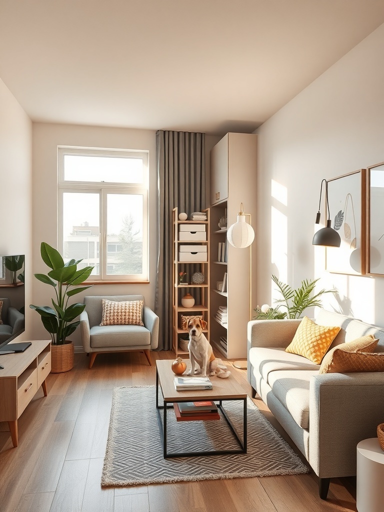 A cozy living room with a dog sitting on a coffee table, featuring a modern design and pet-friendly elements.