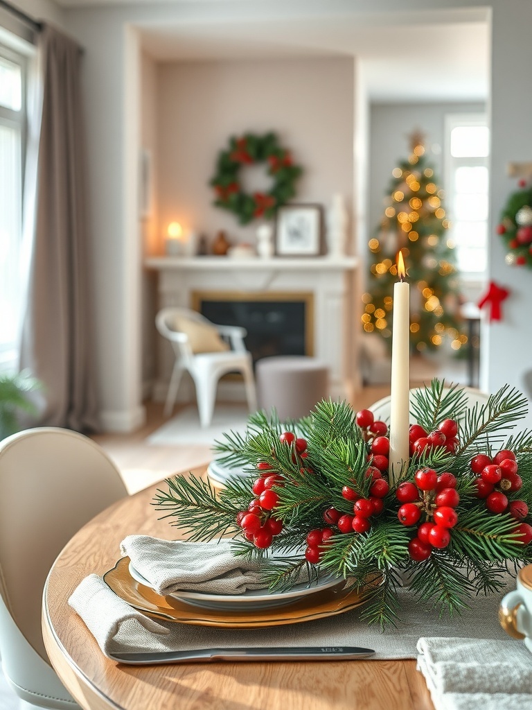 A holiday table setting featuring pine and berry accents with a candle centerpiece.