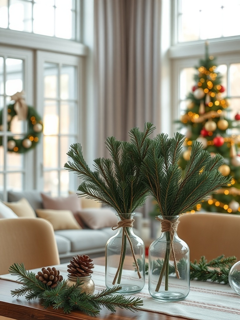 Two vases with pine branches on a table, decorated with pinecones and a Christmas tree in the background.