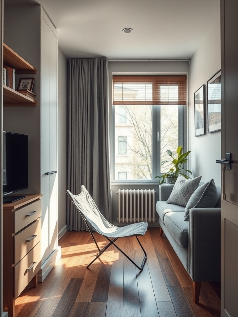 A portable folding chair in a cozy apartment setting.