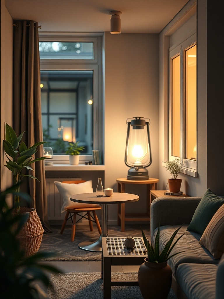 A cozy living space featuring a portable lantern, plants, and a small table.