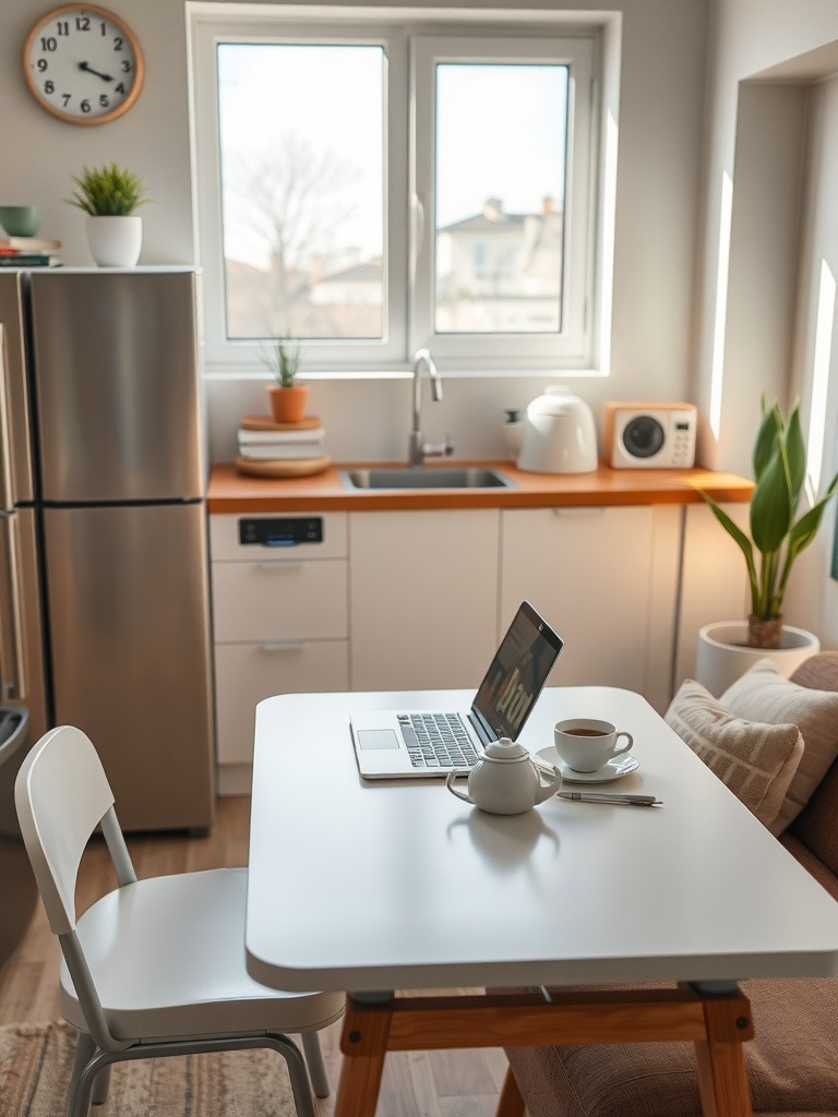 A portable workstation setup in a kitchen with a laptop, coffee, and plants.