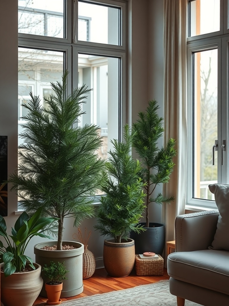 A cozy apartment with potted evergreen plants near large windows.