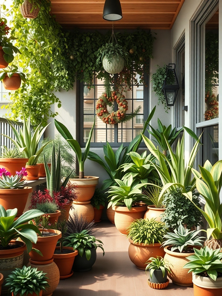 A balcony filled with various potted plants, creating a lush and inviting atmosphere.