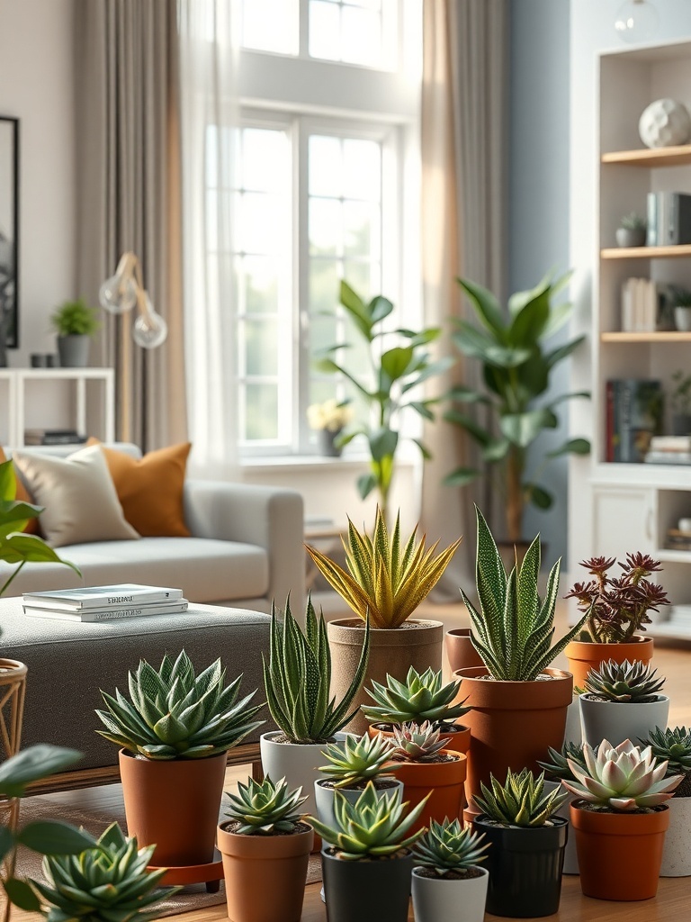 A living room with a display of various potted succulents in different pots, showcasing a cozy and earthy atmosphere.