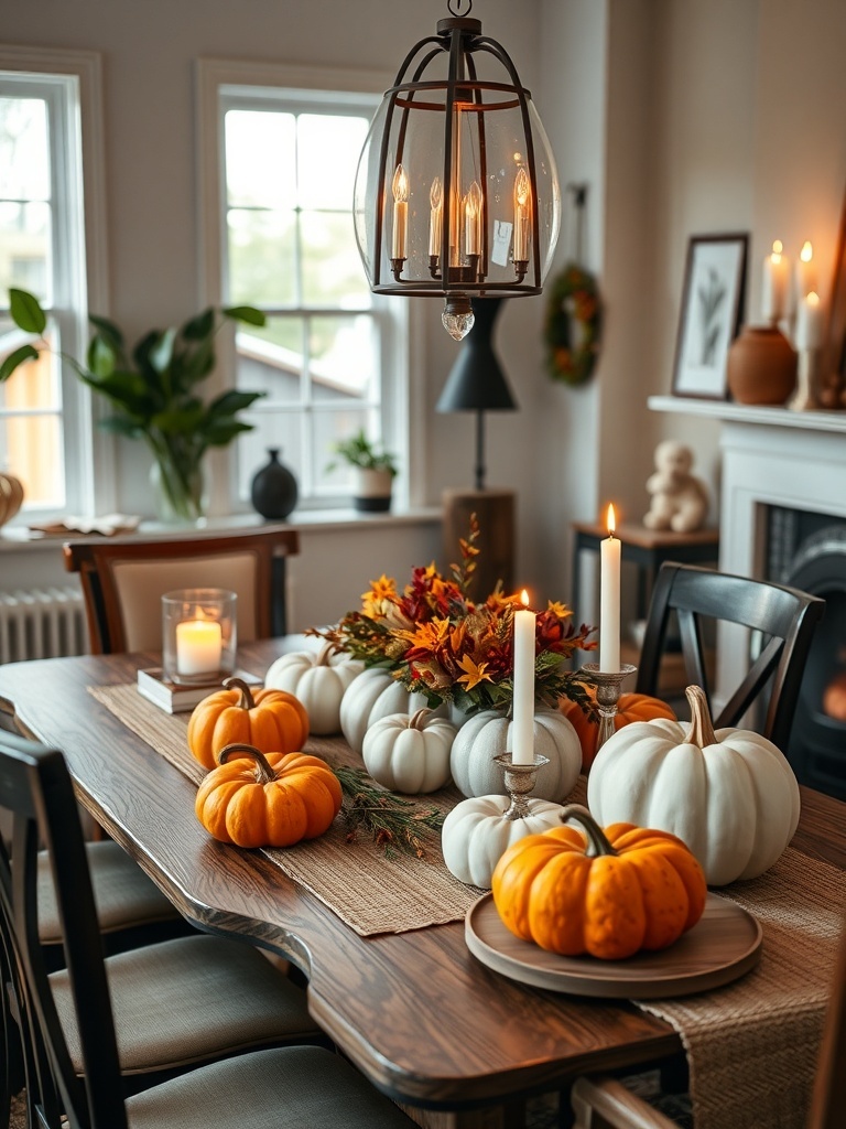 A cozy dining table decorated with various pumpkins and candles for fall.