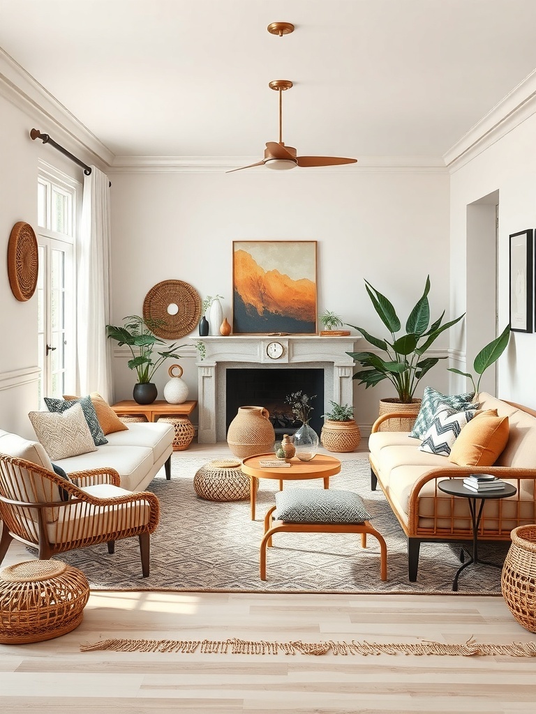 A cozy boho living room featuring rattan and wicker furniture.