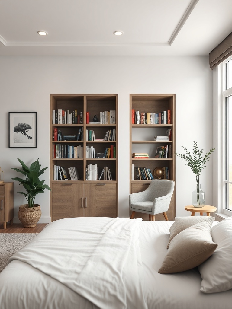 Cozy reading nook in a bedroom with bookshelves, a chair, and a plant.