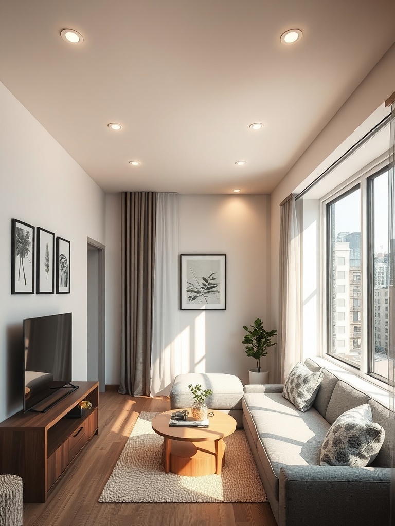 A modern living room featuring recessed lighting, a cozy sofa, and a coffee table.